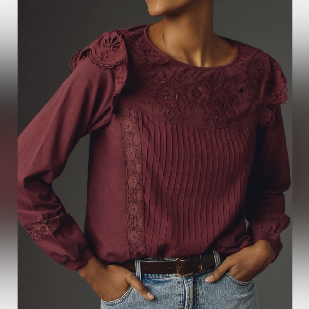 Anthropologie Tiny Long-Sleeve Crescent Ruffled Lace Top Small